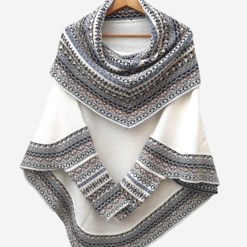 Women's Peruvian Poncho Sweater - White and Gray
